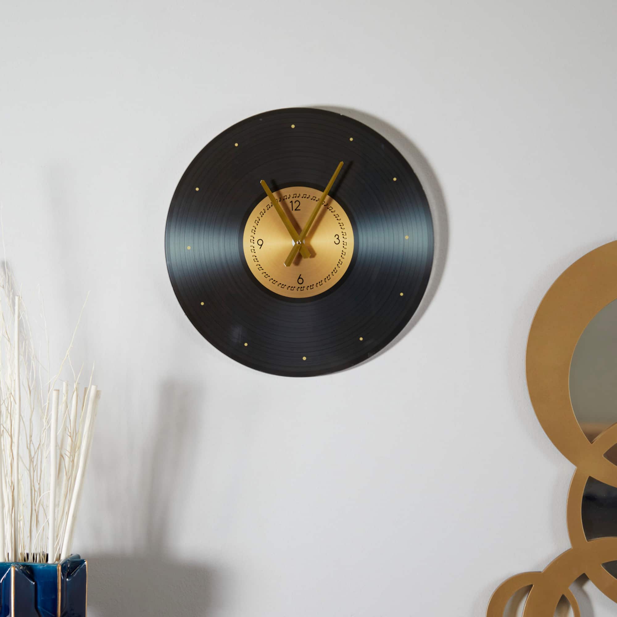 20" Black Glass Record Style Musical Notes Wall Clock